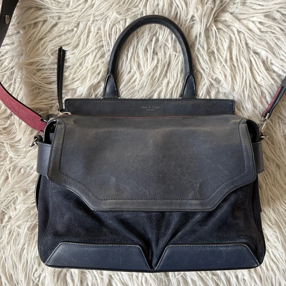 Rag & Bone Small Pilot Navy Blue Red Accent Leather Suede Zip-Up Satchel Bag